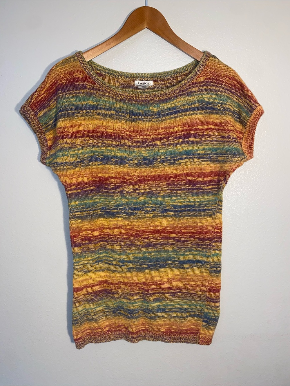 Love Rocks Rainbow Space Dye Knit Top Sweater Shirt Size Small Boho Cap Sleeve